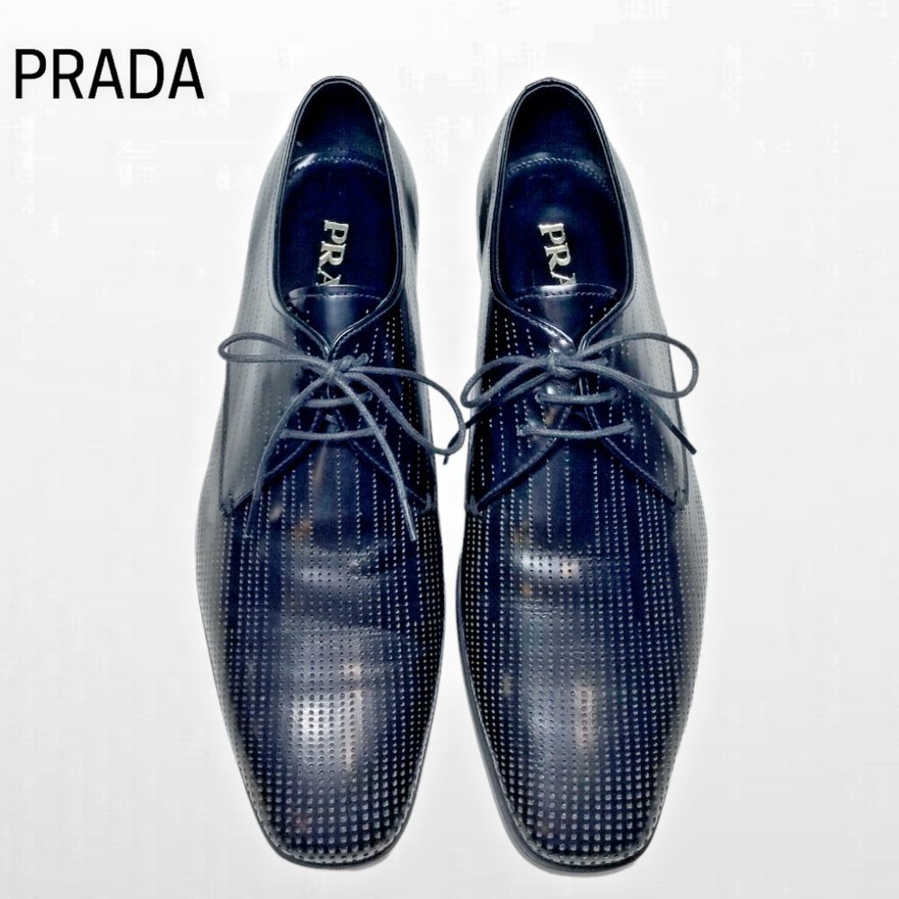 Prada Men's Black Perforated Leather Derby Oxford Dress Shoe Size 8 - Picture 2 of 8